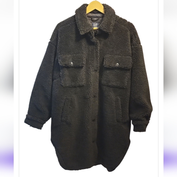 GAP Jackets & Blazers - SOLD Gap Sherpa Teddy Coat Black Long Button Down Size Large Petite Oversized